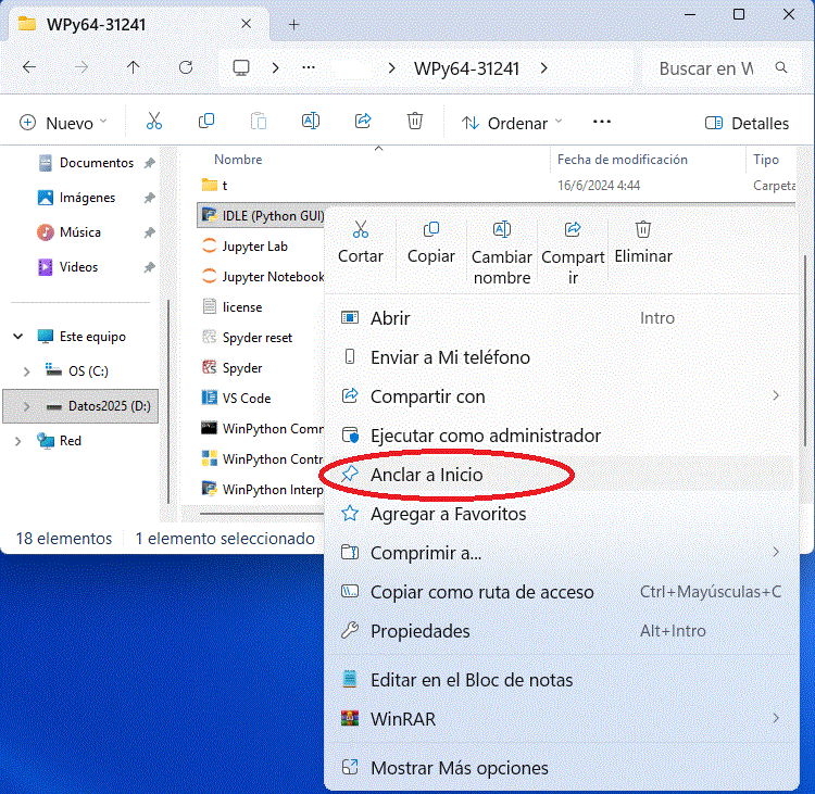 Winpython IDLE añadir en menú de inicio
