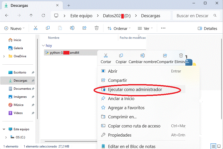 instalar python directorio descargado