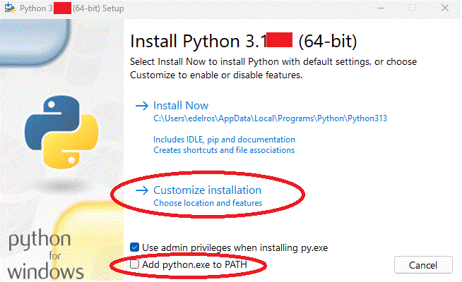 instalar python opciones proceso
