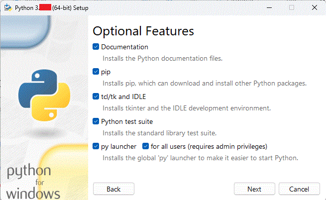 instalar python seleccionar configuración opcional