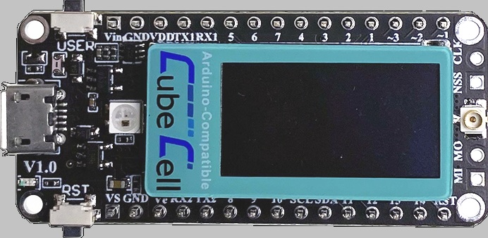 Módulo de desarrollo LoRa Cubecell AB02 con circuito panel solar y batería.